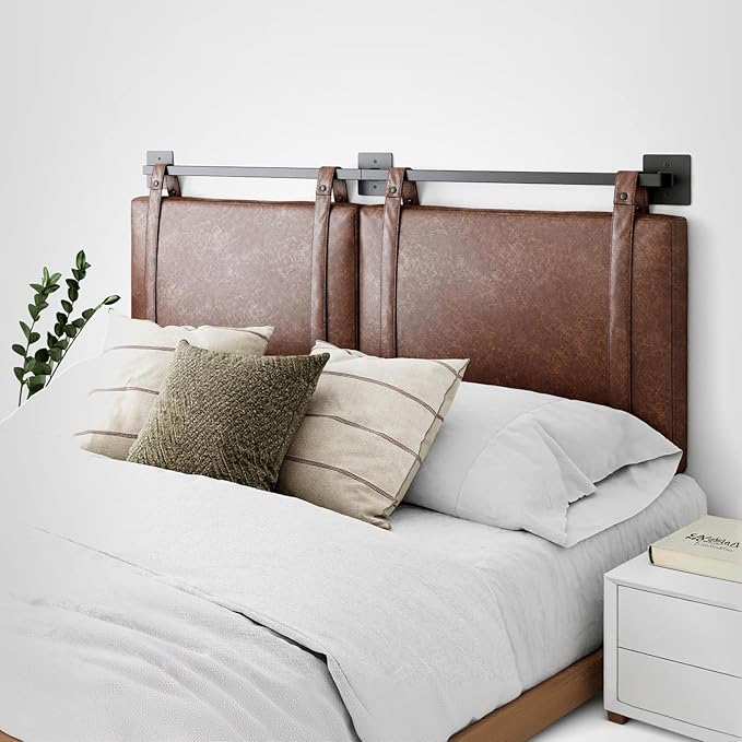 Nathan James Harlow Modern Wall Mount Hanging Headboard, King, Brown Faux Leather