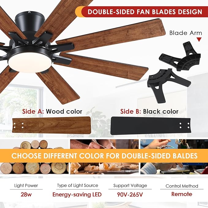 Ceiling Fans with Lights- 52" Low Profile Indoor Ceiling Fan with Light and Remote/APP Control, 8 Blade,Flush Mount, LED Dimmable DC Reversible Modern Ceiling Fan for Bedroom（Brown）