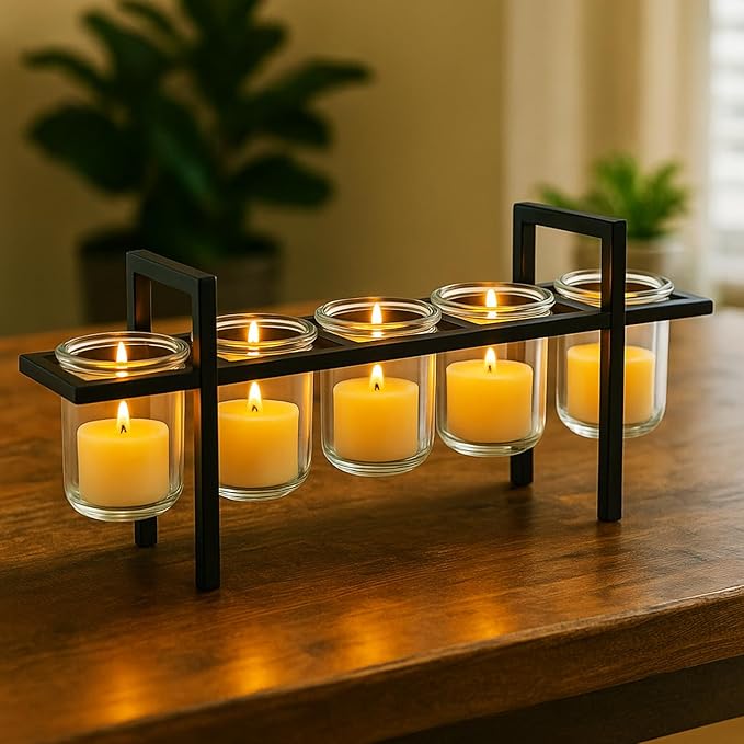 Seraphic 5-Cup Rustic Modern Floating Candle Holder Table Centerpiece Decoration for Dining Room, Kitchen, Patio, Weddings, Metal Iron with Glass Cups, 16" Long