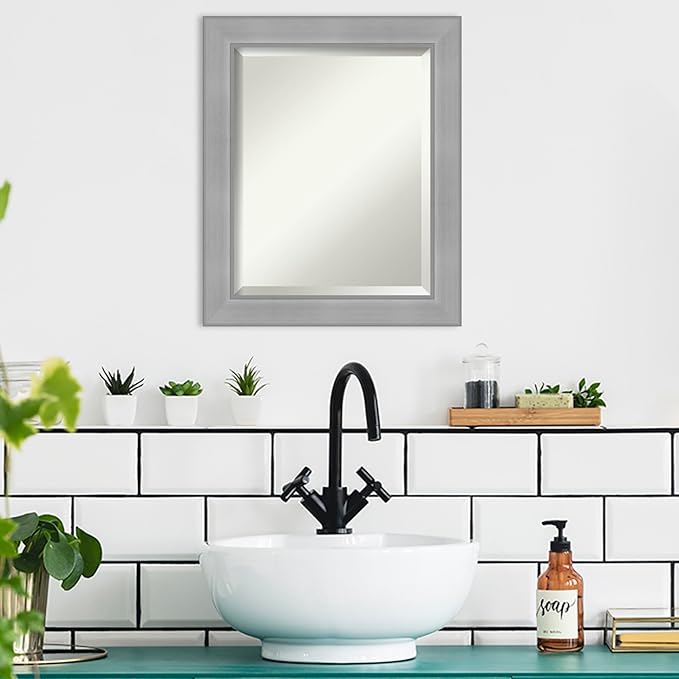 Amanti Art Silver Bathroom Mirror for Over Sink, 24x20 Vista Brushed Nickel Rectangle Vanity Mirror, Small Casual Frame, Hangs Horizonally and Vertically, Bathroom Wall Decor, Beveled Edge