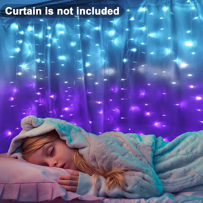 Curtain Lights for Bedroom Waterfall Led Light String PurpleTeal Ombre Hanging Fairy Mermaid Lights for Kids Teen Room Decor Window Ocean Sea Kawaii Christmas Decor Girls Gift (Turquoise & Purple)