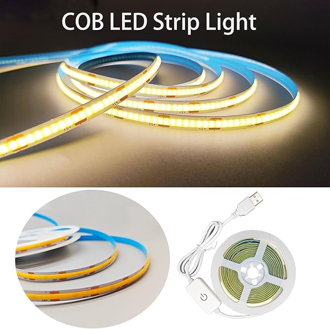 A 5V USB LED Light Strip, COB LED Strip Lights, Warm 5V LED Lights, Small LED Strip Light, TV Lights for TV Under Cabinet Kitchen Living Room Shelving or Displays (Warm 3.28FT x2)
