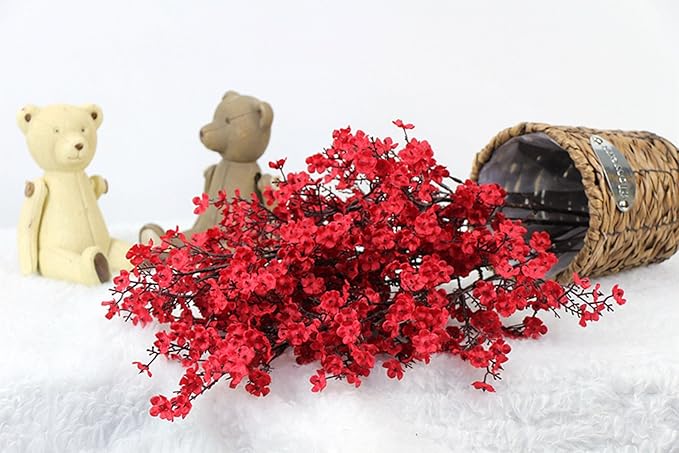 JAKY-Global 20pcs Babys Breath Artificial Flowers Gypsophila Bouquet Bulk Fake Spring Silk Small Flowers Real Touch Faux Floral for Home Bedroom Kitchen Garden Wedding Christmas Party DIY Decor (Red)