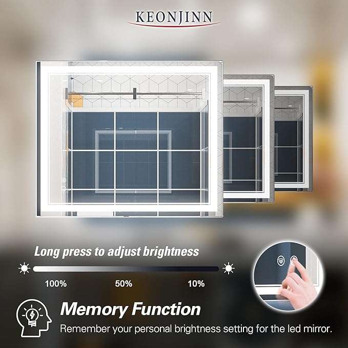 Keonjinn LED Bathroom Mirror, Lighted Vanity Mirror with Lights, 30 x 36 Inch, Dimmable, Anti-Fog, IP54, 6000K, Wall Mounted