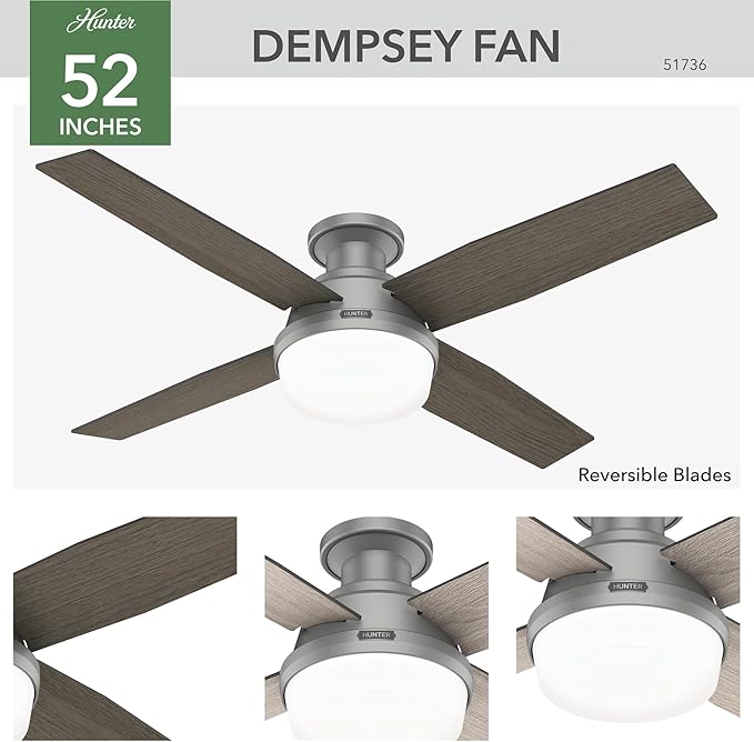 Hunter 51736 Dempsey Ceiling Fan 52 inches Matte Silver