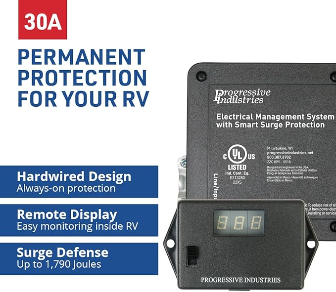 Progressive Industries EMS-HW30C Heavy Duty RV Surge Protector, Black, 30 Amp