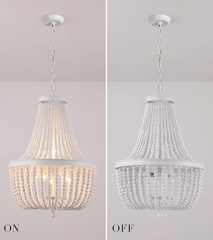 Q&S Beaded Chandelier Farmhouse White Wood Beaded Boho Light Fixture Vintage Antique 8 Lights for Dining Room Nursery Kitchen Foyer Bedroom Living Room UL Listed