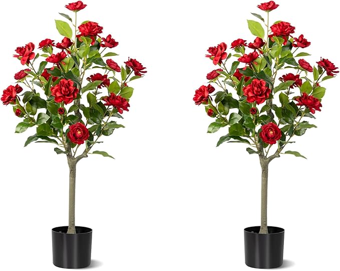 Artificial Camellia Tree 2 Pack, Artificial Plants Outdoor Faux Floral Plant in Cement Pot Fake Silk Camellia Tree Plants for Home House Living Room Office Decor