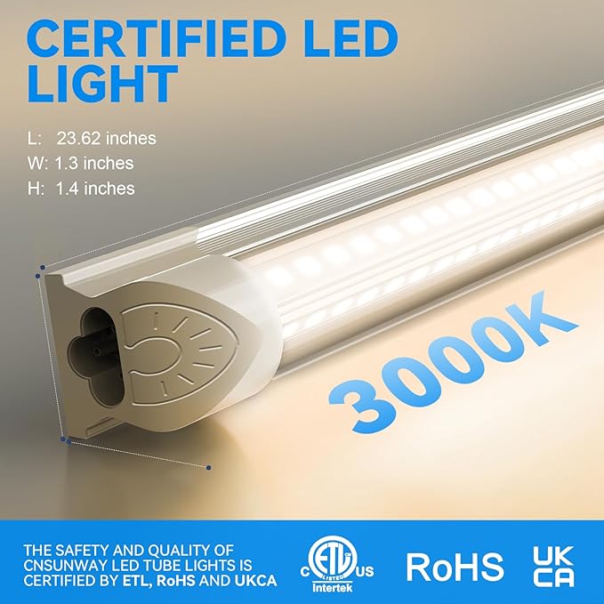 CNSUNWAY 2FT LED Shop Light, 20W 3000K Warm White, T8 LED Tube Light, Ceiling and Utility Shop Lights, Linkable Under Counter Lights for Kitchen, Garage, Workbench, Basement, ETL Listed (Pack of 6)