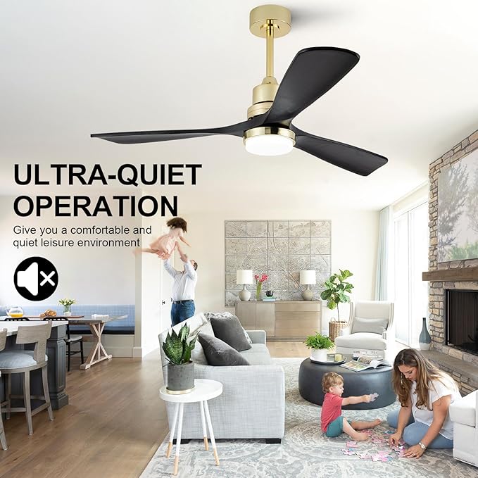 BOJUE 52 Inch Black and Gold Ceiling Fans with Lights and Remote, Solid Wood Fan Blades, Dimmable, Modern Ceiling Fan with Light for Indoor/Outdoor Patio Bedroom