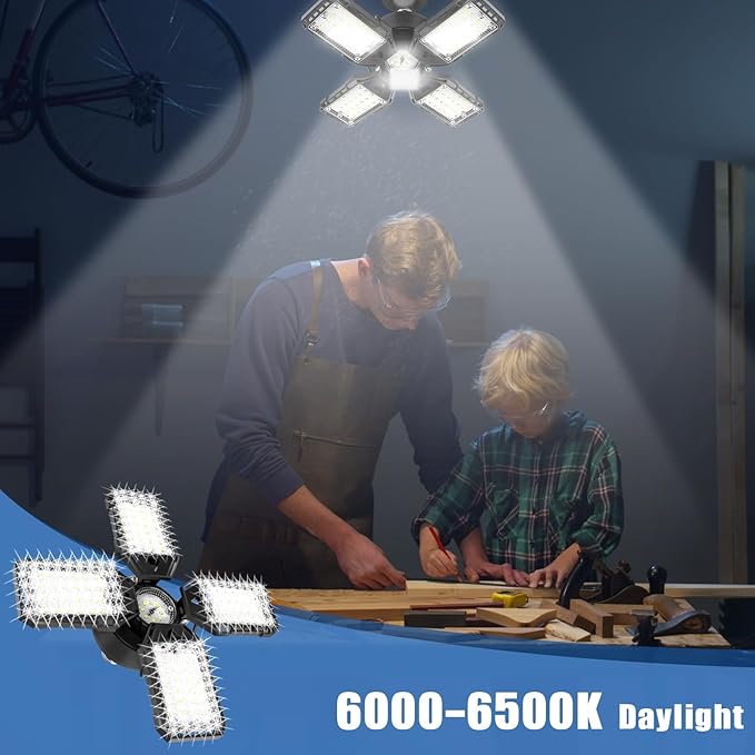 LED Garage Lights 4 Pack -120W, 12000LM 6500K Led Shop Light with 4+1 Deformable Panels, Basement Barn Light Garage Ceiling Lights, E26/E27 for Garage, Warehouse, Shop