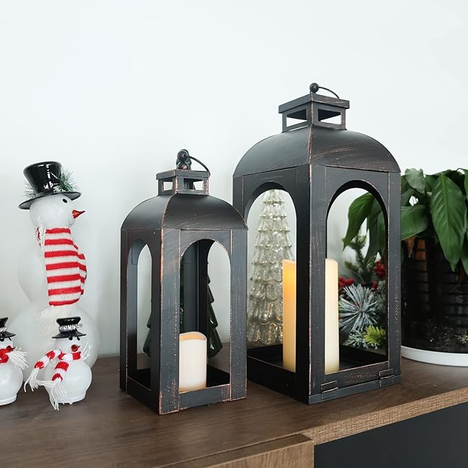 DECORKEY LED Lantern Decorative Outdoor&Indoor, Set of 2 (17’’&13’’) Black Metal Lanterns Decor, Vintage Hanging Candle Holder for Home Porch Wedding Halloween Christmas Decorations Battery Powered