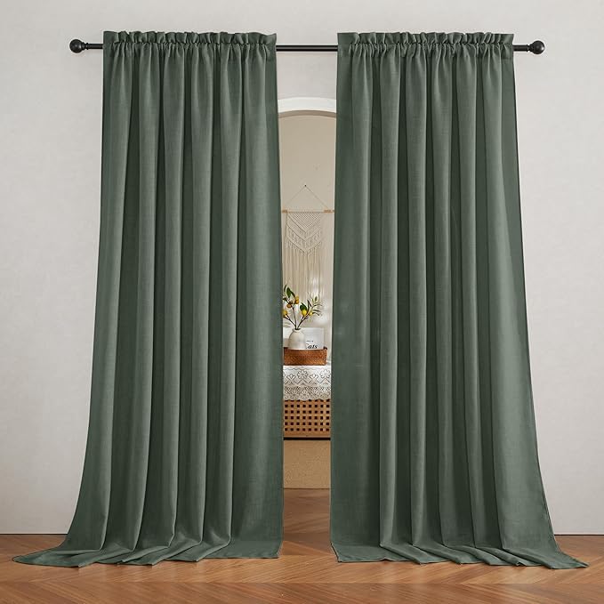 RYB HOME Linen Sheer Curtains for Living Room, Light Filtering Privacy Protection Spring Curtains for Sliding Glass Door, W 52 x L 96 inches, Hunter Green, 2 Panels Set