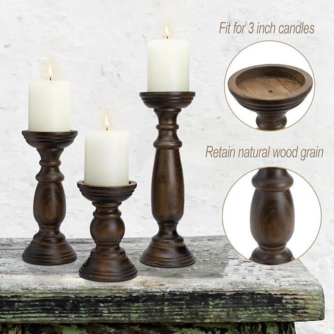 Rustic Wooden Pillar Candle Holders Set of 3, 12'' 9'' 6'' Farmhouse Wood Candle Stand for Table Centerpieces, Vintage Tall Candleholders Fireplace Mantel Decor for Living Room, Dark Brown
