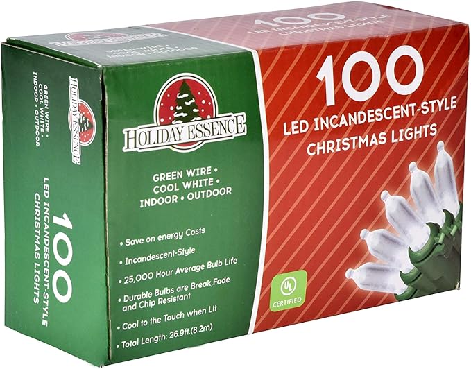 Holiday Essence Christmas LED Lights 100 Cool White String Lights for Indoor and Outdoor Decorative Use, Holiday and Tree Decor, Patio Hanging Lighting Decorations, Green Wire, 26.9 Ft, UL Certified