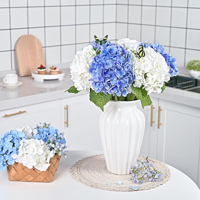 Waipfaru 21" Real Touch Dark Blue Hydrangea Artificial Flowers with Long Stem & Leaves, Full Latex Faux Hydrangea Flowers for Home Decor Party Floral Arrangements Wedding Bouquets Centerpieces, 4Pcs