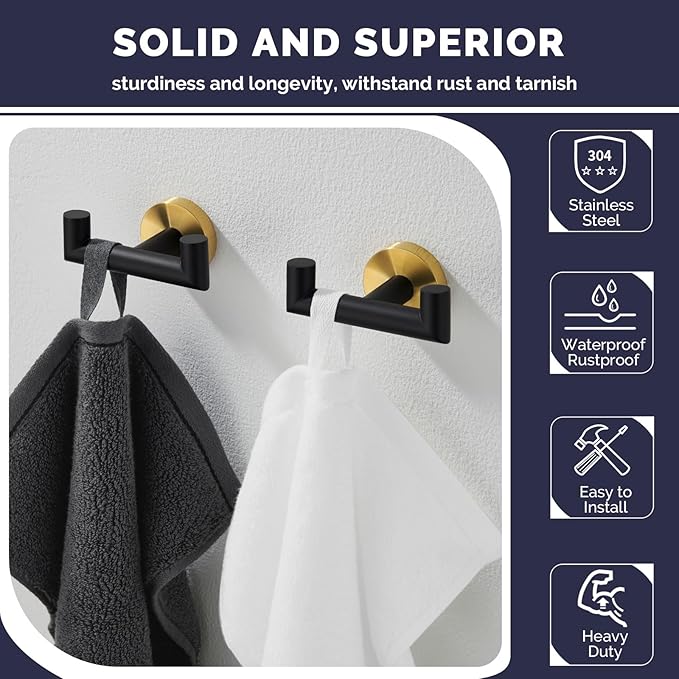 Angle Simple Towel Double Hook Black & Gold, 2 PCS Stainless Steel Bathroom Towel Holder, Dual Robe Coat Hook for Wall