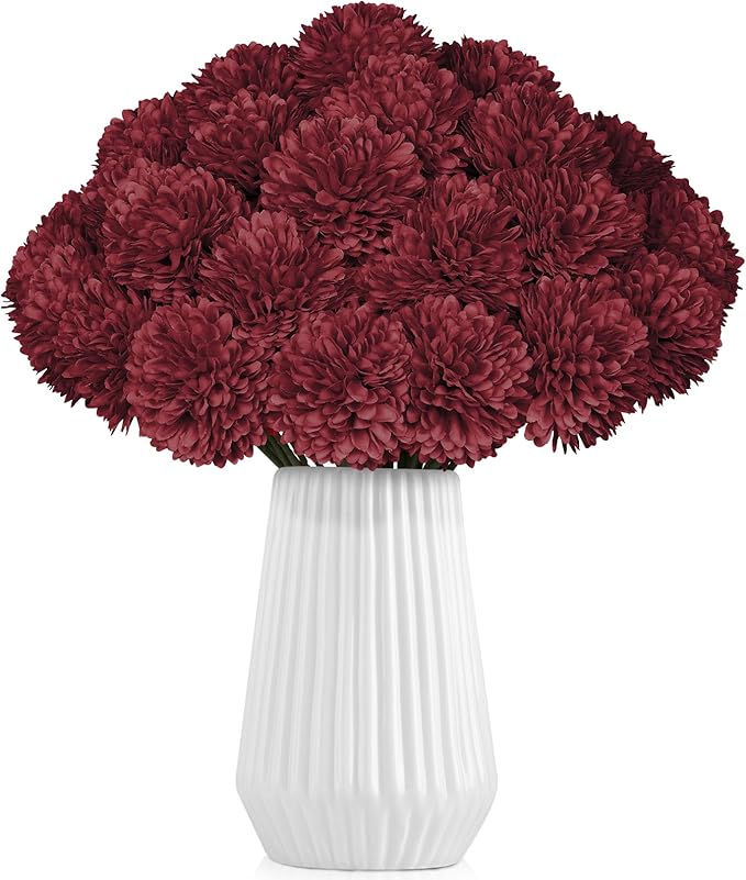 36 Pcs Burgundy Artificial Chrysanthemums Flowers Red Fake Mums Silk Ball Flowers for Fall Home Decor Wedding Table Centerpiece Christmas Floral Arrangements (Burgundy)