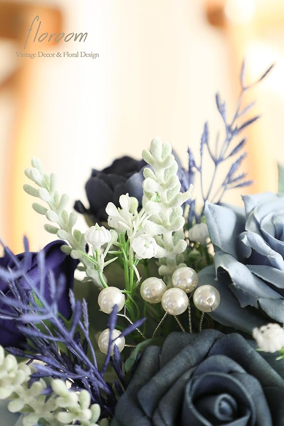 Floroom Artificial Greenery Stems Box Set, 59pcs with 8 Kinds of Faux Greenery Flowers Picks for DIY Bridal Bouquets Wedding Floral Arrangement Table Centerpieces, Navy & Dusty Blue