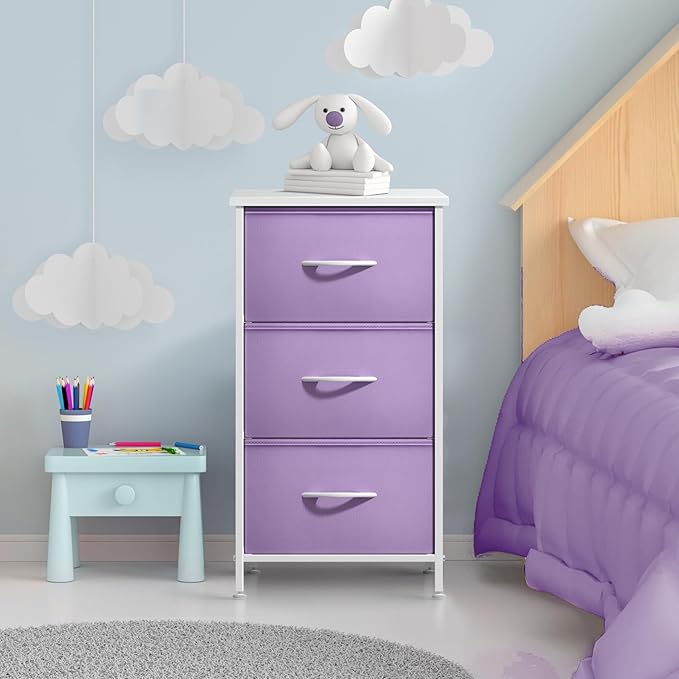 Sorbus Nightstand with 3 Drawers - Bedside Furniture & Accent End Table Chest for Home, Bedroom Accessories, Office, College Dorm, Steel Frame, Wood Top, Pastel Fabric Bins (Purple)