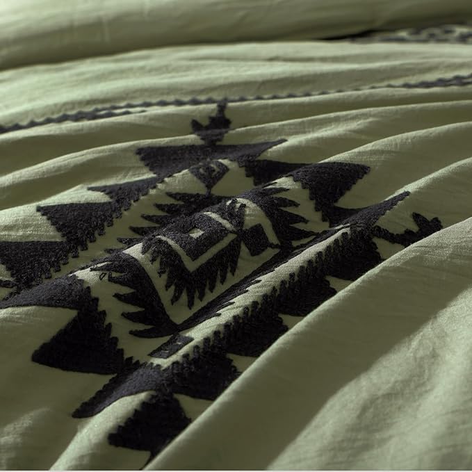 MaiRêve Embroidery Queen Size Comforter Sets, Light Olive Green Western Bedding Set Boho 7 Pieces, All Season Farmhouse Bed in A Bag Comforter Set with Sheets, Pillowcases & Shams