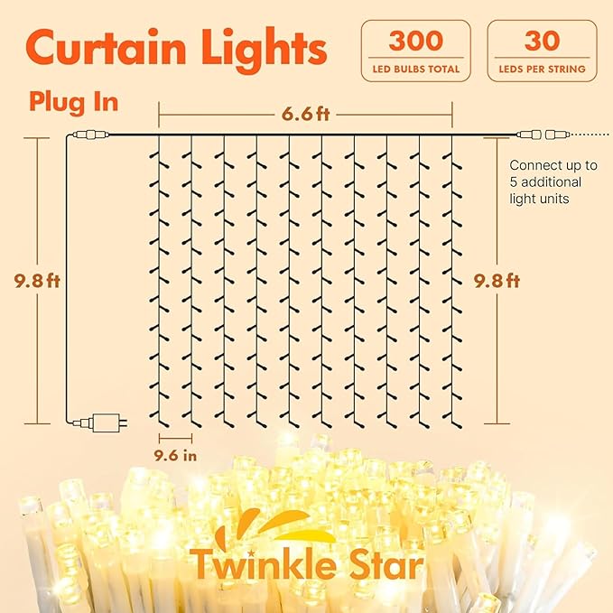Twinkle Star 300 LED Window Fairy Curtain String Lights, 8 Modes Fairy Lights for Bedroom Wedding Party Home Garden Outdoor Indoor Wall Decorations, Warm White, 2 Pack