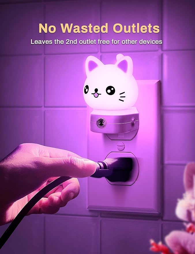 DORESshop Cat Night Lights Plug Into Wall [2 Pack], Cute Night Light for Kids, 8-Color RGB LED Night Light, Nightlight with Dusk to Dawn Sensor for Kids Room, Bathroom, Bedroom Décor, Children Gift