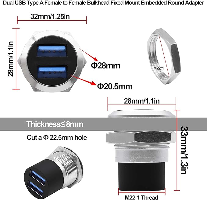 Dual USB 3.0 Panel Mount Adapter USB Type A Dual Female to 2 Female Coupler Threaded Fixed Bulkhead Mount Embedded Round Pass Though Connector for Data Transfer/Charging -Silver (Round)