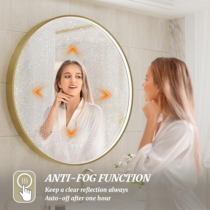 28 Inch Round LED Bathroom Mirror, Gold Metal Framed Lighted Mirror for Bathroom, Wall Mouted LED Vanity Mirror with Lights, 3 Colors and Stepless Dimmable, Anti-Fog, Memory