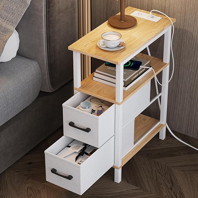 Narrow Side Table for Small Spaces, Skinny End Table with Charging Station, Sofa Beside Table with 2 Fabric Drawers and 1 Open Compartment, Slim Nightstand with USB Ports Outlet, White and Nature Wood