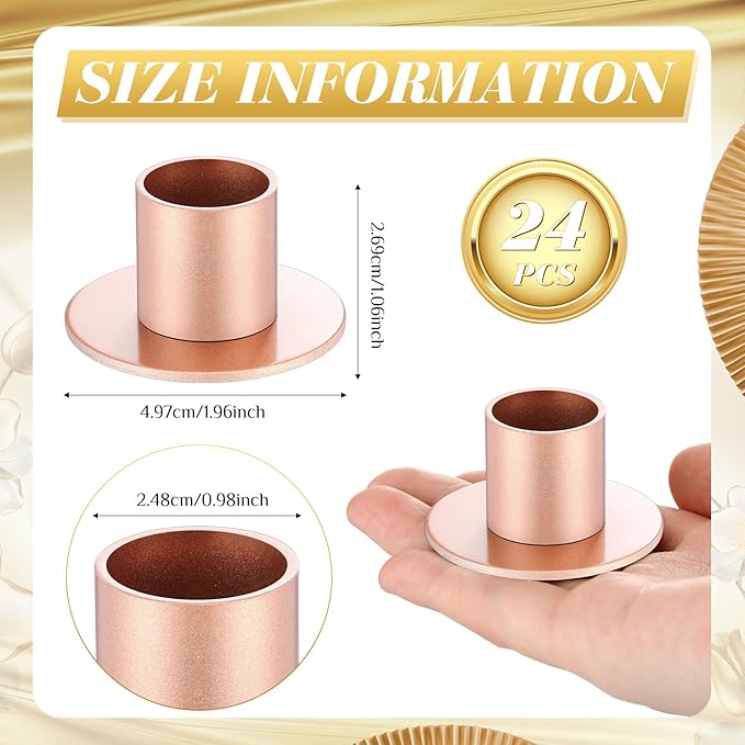 24 Pcs Rose Gold Taper Candle Holders Bulk for Pillar Candles Metal Short Candlestick Holder Rose Gold Centerpieces Decoration for Christmas Thanksgiving Anniversary Dinner Party