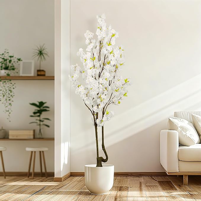 Faux White Cherry Blossom Tree 7ft(84in) Tall Artificial Plant Indoor Decor Handmade Natural Fake White Flower Tree for Wedding Realistic Cherry Plant in Pot for Home Living Room,Office,Outdoor Decor.