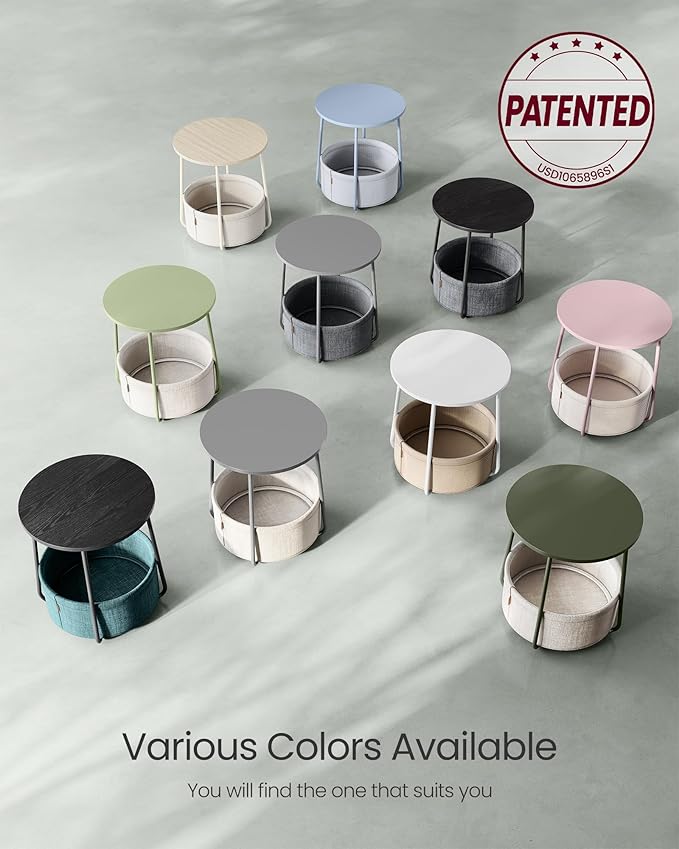 VASAGLE LILEA Collection - Small Round Side End Table, Modern Nightstand with Fabric Basket, Laurel Green and Cream White ULET223C69