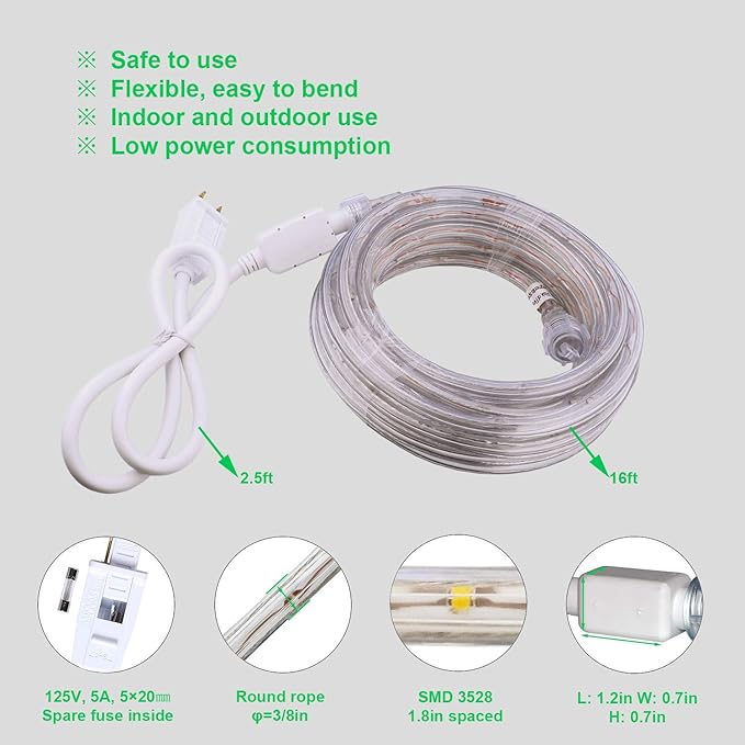 Green Rope Lights,16ft Waterproof, Connectable and Flexible LED Strip Lights with Advanced LEDs and Crystal-Clear Thick PVC Jacket, High Brightness, Great for Deck Pergola Handrail Bedroom