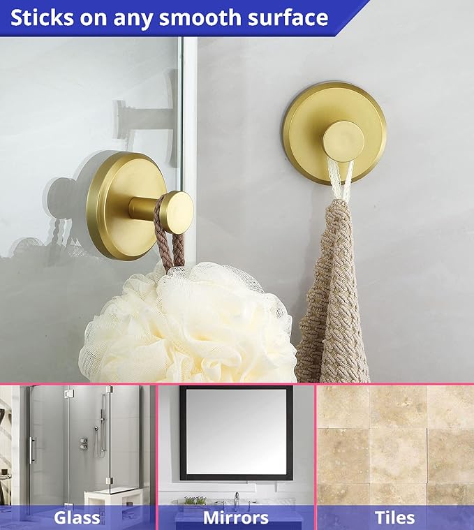 HOME SO Suction Cup Hooks for Shower, Bathroom, Kitchen, Glass Door, Mirror, Tile – Loofah, Towel, Coat, Bath Robe Hook Holder for Hanging up to 15 lbs – Waterproof, Matte Brushed Satin Gold (2-Pack)