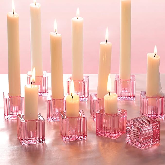 LETINE Elegant 12pcs Pink Striped Taper Candle Holders - Perfect Candle Stick Holder Decor for Tablescapes, Wedding Centerpieces, Church Christmas Displays, Birthday Dinners & Thanksgiving.
