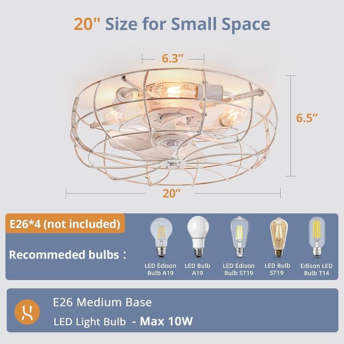 LEDIARY 20" Caged Ceiling Fans with Lights, White Flush Mount Low Profile Ceiling Fan with Remote, Small Modern Farmhouse Industrial Ceiling Fan with Light for Bedroom, Kitchen, Dining Room, Indoor