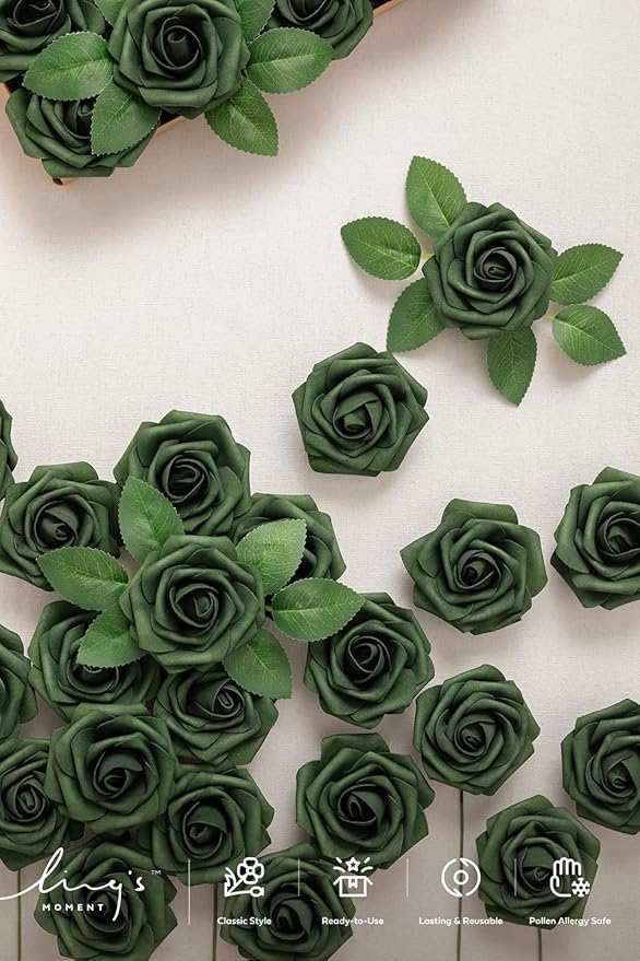 Ling’s Moment Artificial Flowers 25Pcs Emerald Green Roses Decor w/Stems,3" Real Touch DIY Foam Floral for Wedding Bouquet/Centerpieces, Outdoors Party Backdrop, Room/Table, and Garden/Pot Decorations