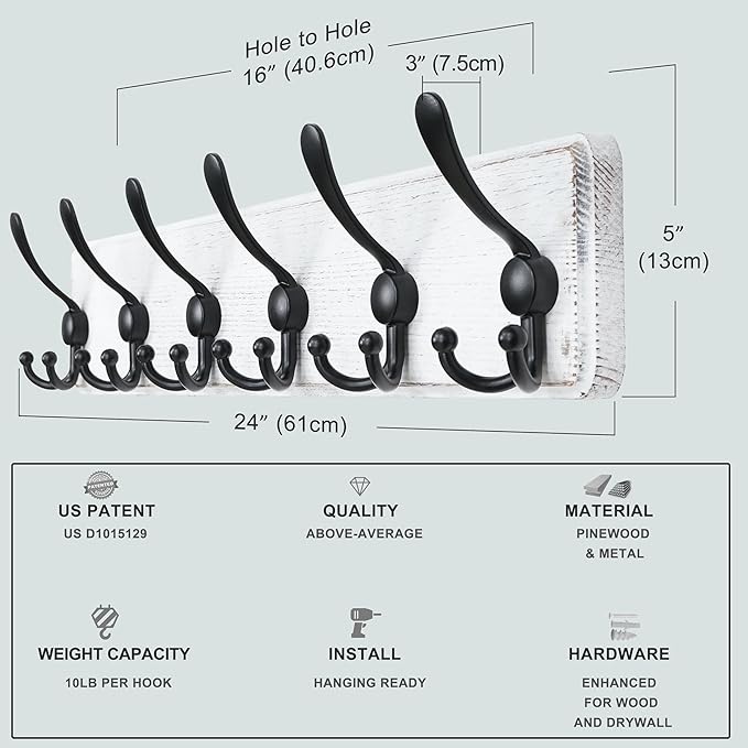 Dseap Coat Rack Wall Mounted - 24" Long 6 Tri Hooks, Heavy Duty Wooden Wall Coat Hanger Coat Hook for Clothes Hat Jacket Clothing, White and Black, Pack of 2