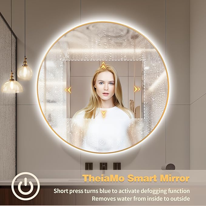 44" Round LED Bathroom Mirror, Wall Mounted Round Backlit Mirror LED Bathroom Vanity Mirror with Lights Fog Free Circle Lighted Mirror with Gold Frame, Smart Light up Mirror 3-Color