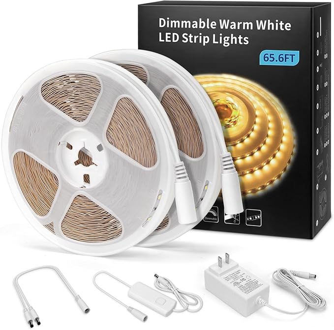 MYPLUS Under Cabinet Lighting Kit, 65.6Ft Dimmable Led Strip Lights with 1200 LEDs,24V, Low Power Safety Adapter, Flexible Tape Light for Kitchen Cabinet,Bedroom,Counter,Shelf (Warm White-3000k)