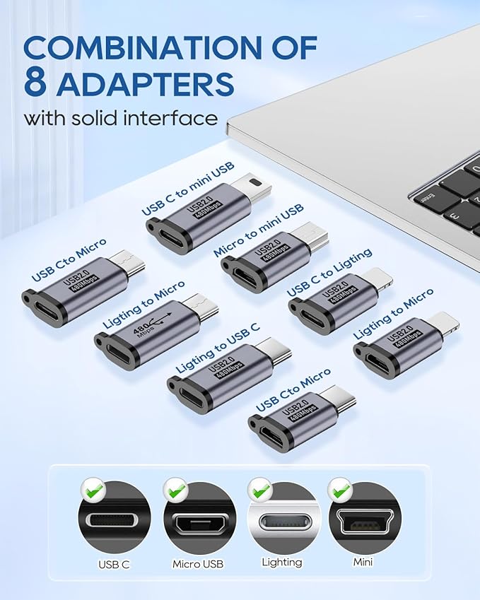 UCEC 8-Pack USB Adapter Kit, USB Adapters for Multiple Devices, USB C/Lighting to Micro USB, Type C/Micro USB to Lighting, Micro USB/Lighting to USB C, USB C/Micro USB to Mini USB Adapter