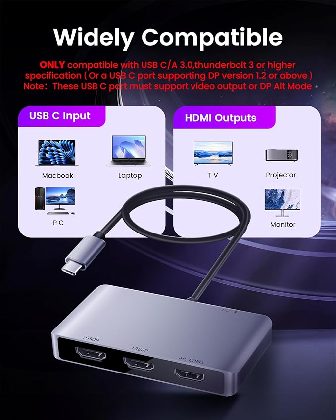 avedio links USB C to HDMI Multi Monitor Adapter, HDMI Splitter 1 in 3 Out Extended Display for Triple Monitor with 100W PD Port, Out 1 4K@60Hz, Out 2 and 3 1080p, Display for Windows Mac OS