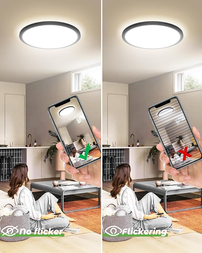 zemty Black LED Flush Mount Ceiling Light - 12 Inch 28W 3200lm LED Light Fixture, 3000k/4500k/6000K Selectable Round Flat Light Fixtures for Bedroom, Kitchen, Hallway