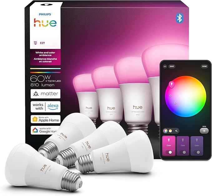 Philips Hue Smart LED A19 Bulb, White & Color Ambiance, E26 Base, 7.2W, Full Spectrum Light 1000K-20000K, 810 Lumens, Dimmable, Works with Alexa, Google,& Apple Home, 4pk
