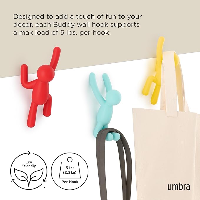 Umbra Buddy Wall Hooks – Decorative Wall Mounted Coat Hooks for Hanging Coats, Scarves, Bags, Purses, Backpacks, Towels and More, Set of 3, Bright Multicolored