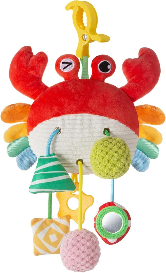 Car Seat Toy for Babies 0-6 Months, Stroller Toy with a Convenient clip, Carseat Toys Hanging Baby Accessories,Built-In Bell, Rattle,Squeaky,Mirror for infant,Babies Gift 0-3-6-12 months Boy Girl
