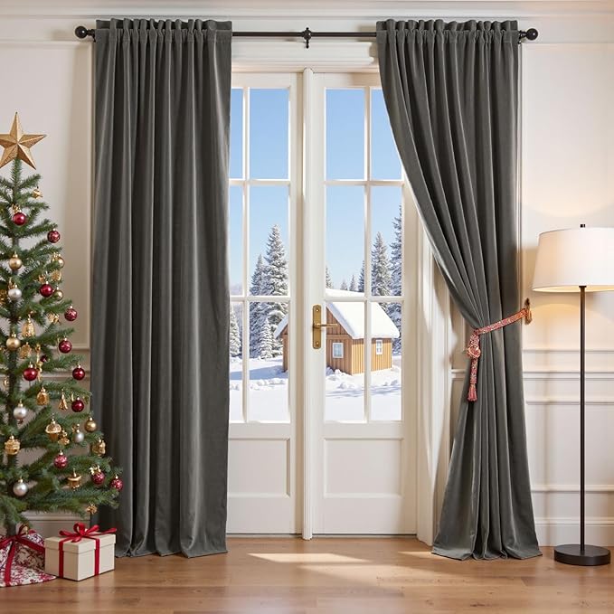 Lazzzy Velvet Blackout Curtains Thermal Insulated Room Window Drapes Super Soft Luxury Curtains for Living Room Bedroom Rod Pocket 2 Panels, Grey, 42" W x 120" L