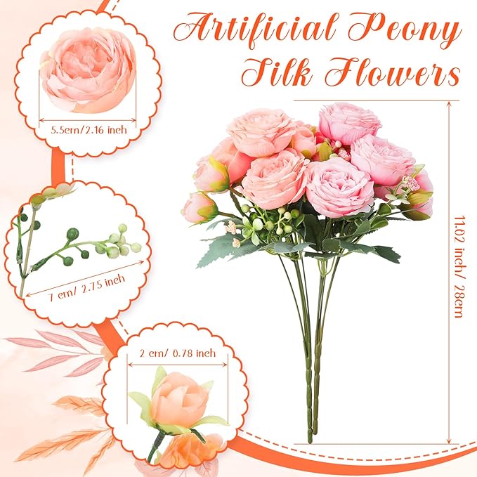 Geosar 8 Bundles Artificial Peonies Flowers Fake Silk Peony Bouquet Faux Peonies Flowers Bulk for Decoration Vase Floral Arrangements Wedding Party Table (Peach Pink,Light Pink)