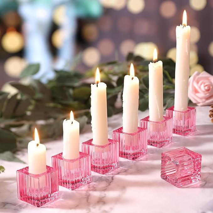 LETINE Elegant 12pcs Pink Striped Taper Candle Holders - Perfect Candle Stick Holder Decor for Tablescapes, Wedding Centerpieces, Church Christmas Displays, Birthday Dinners & Thanksgiving.